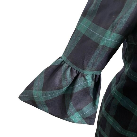 Talbots Womens Shift Dress 12 Blackwatch Plaid 3/4 Flounce Sleeve Wool Blend - Picture 3 of 7